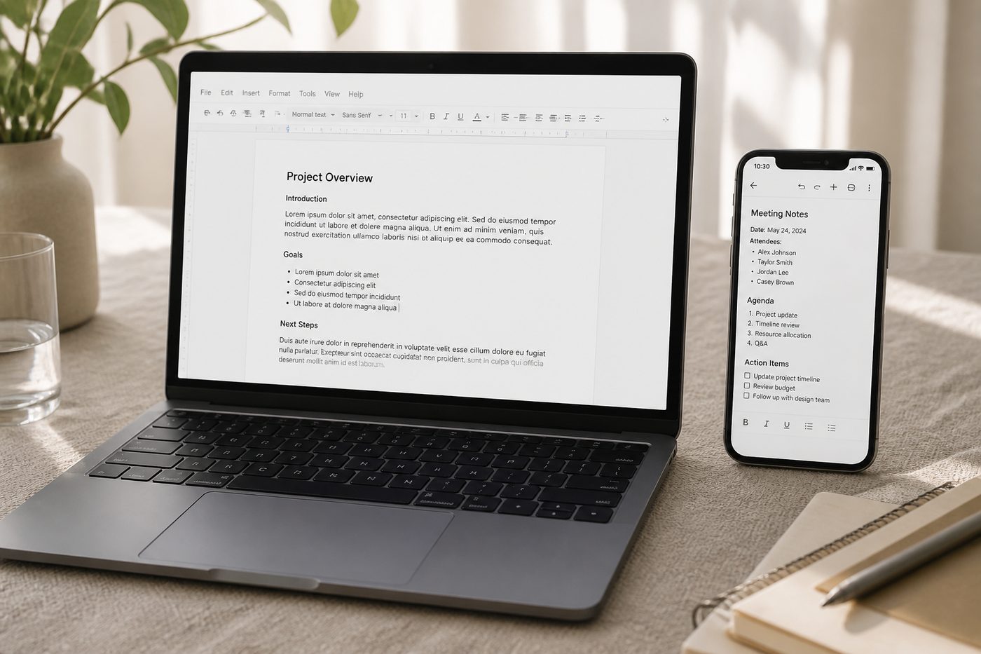 Laptop and phone used to review a slide deck