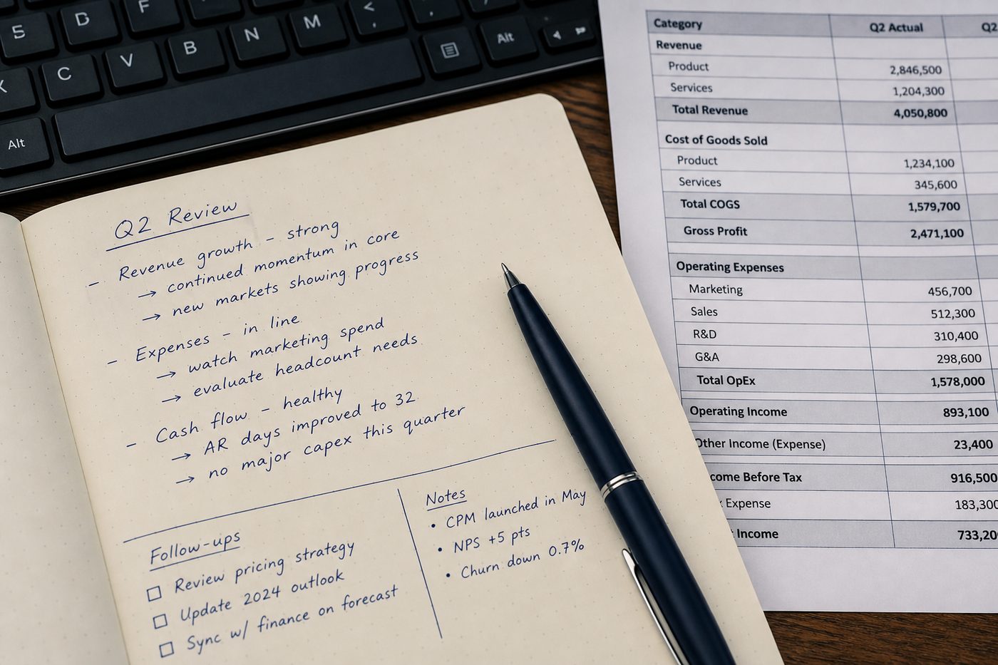 Paper documents stacked beside a keyboard